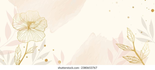 Autumn floral watercolor vector background. Luxury wallpaper design with golden flowers, line art, watercolor. Elegant golden flowers illustration, for fabric, prints, cover, banner, print.	