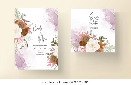 autumn floral wedding invitation card with rose and pine flower