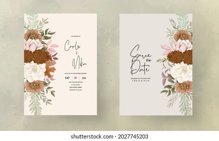 autumn floral wedding invitation card with rose and pine flower