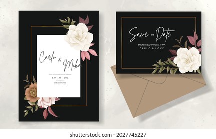 autumn floral wedding invitation card with rose and pine flower