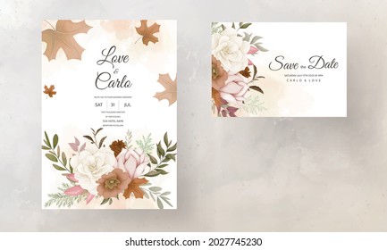 autumn floral wedding invitation card with rose and pine flower