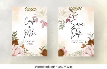 autumn floral wedding invitation card with rose and pine flower