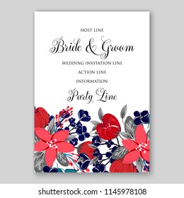 Autumn floral wedding invitation red and dark blye peony anemone 