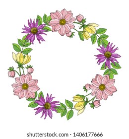 Autumn floral wreath with Dahlia (Georgina) and Zinnia. Hand drawn color sketch. Vector illustration for card, invitation, weddind card.