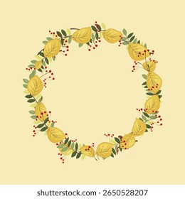 Herfst Floral Wreath Frame met gele, rode esdoornbladeren, bessen en groen gebladerte op een beige achtergrond. Voor seizoensgebonden uitnodigingen, kaarten, verpakkingen, decoratieve ontwerpen met een herfstthema. Vector.