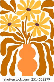 Autumn florals vector illustration. Fall flowers in vase composition. Botanical print in matisse style