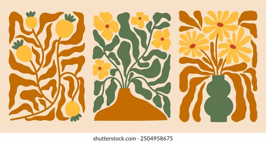 Autumn florals vector illustrations set. Fall flowers compositions. Botanical prints in matisse style
