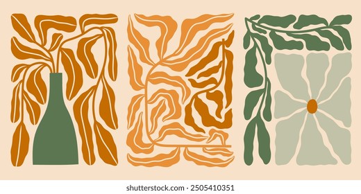 Autumn florals vector illustrations set. Fall flowers compositions. Botanical prints in matisse style