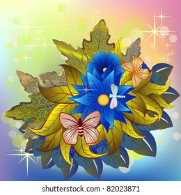 Autumn flower bunch with butterflies and dragonfly