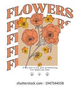 Autumn flower illustration with College slogan text. Vector graphics for t-shirt print and other uses.