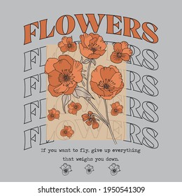 Autumn flower illustration with College slogan text. Vector graphics for t-shirt print and other uses.