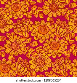 Autumn flower marigold seamless pattern or fabric, wrapping paper, surface design projects. Orange color fall floral repeatable motif.
