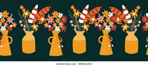 Autumn Flower Vase Seamless Vector Border. Repeating Horizontal Pattern With Colorful Fall Flowers. Use For Autumn Decor, Thanksgiving, Greeting Cards, Fabric Trim, Footer, Banner, Headers.