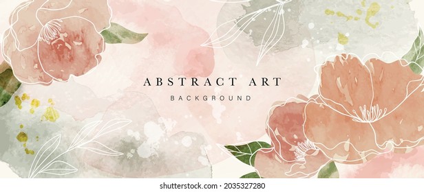 Autumn flower watercolor art background vector. Wallpaper design with floral paint brush line art. leaves and flowers nature design for cover, wall art, invitation, fabric, poster, canvas print.