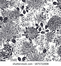 Autumn flowers and branches  berries   leaves  Floral seamless pattern  Black graphic arts white background  Chrysanthemums  lilies   asters  Vector illustration  Vintage engraving 