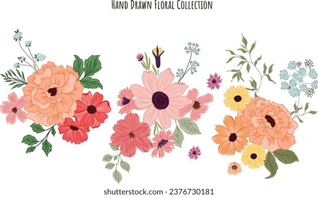 Flores otoñales Colección Bunch vectorial línea dibujada a mano conjunto floral