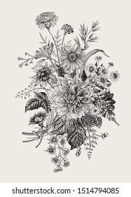 Autumn Flowers. Classic Flower Arrangement. Vector Botanical Floral Illustration. Black And White