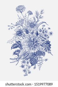 Autumn flowers. Classic flower arrangement. Vector botanical floral illustration. Blue and white. 