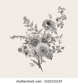 Autumn Flowers. Classic Flower Arrangement. Vector Botanical Floral Illustration. Black And White