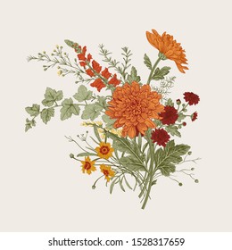 Autumn flowers. Classic flower arrangement. Vector botanical floral illustration. 