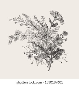 Autumn flowers. Classic flower arrangement. Vector botanical floral illustration. Black and white