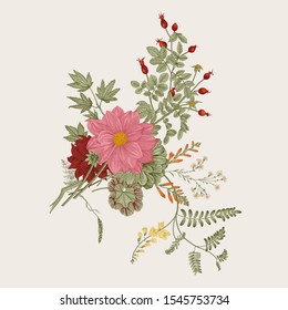 Autumn flowers. Classic flower arrangement. Vector botanical floral illustration. 