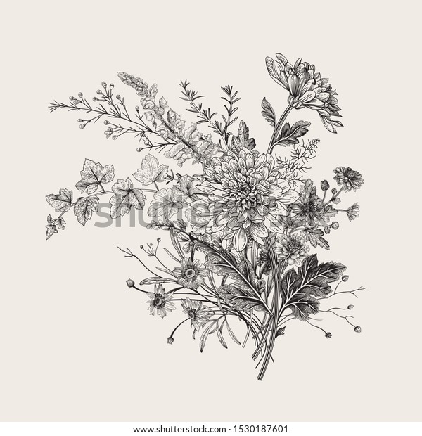 秋の花 伝統的な生け花 ベクター植物の花柄イラスト 白黒 のベクター画像素材 ロイヤリティフリー