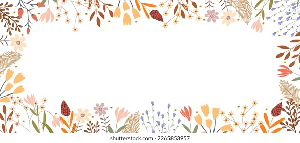 Autumn flowers frame on white background,Fall horizontal banner with cute hand drawn colourful wild flowers and leaves border,Vector illustration backdrop background for Thanksgiving,Harvest Day