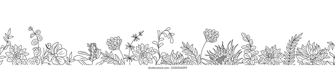 Autumn flowers and herbs seamless border, banner