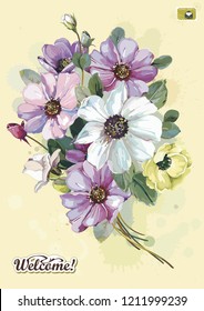 Autumn flowers invitation template card. Bouquet of wildflower aster in a watercolor style. Vector garden cosmos bipinnatus. Realistic illustration. Floral congratulation design