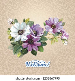 Autumn flowers invitation template card. Bouquet of wildflower aster in a watercolor style. Vector garden cosmos bipinnatus. Realistic illustration. Floral congratulation design