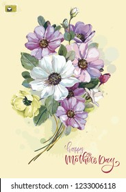 Autumn flowers invitation template card  Bouquet wildflower aster in watercolor style  Vector garden cosmos  Realistic illustration  Floral congratulation design