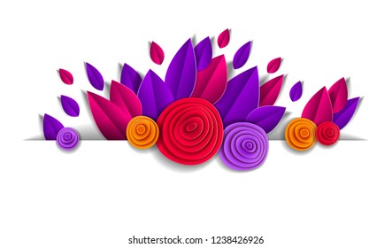 Autumn flowers and leaves beautiful background line element with blank copy space for text, vector illustration in paper cut style. Wedding invitation or romantic greeting card.