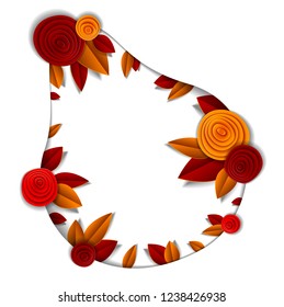 Autumn flowers and leaves beautiful background or frame with blank copy space for text, vector illustration in paper cut style. Wedding invitation or romantic greeting card.