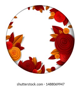 Autumn flowers and leaves beautiful background or frame with blank copy space for text, vector illustration in paper cut style. Wedding invitation or romantic greeting card.