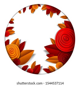 Autumn flowers and leaves beautiful background or frame with blank copy space for text, vector illustration in paper cut style. Wedding invitation or romantic greeting card.