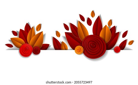 Autumn flowers and leaves beautiful background line element with blank copy space for text, vector illustration in paper cut style. Wedding invitation or romantic greeting card.