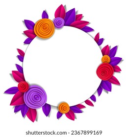 Autumn flowers and leaves beautiful background or frame with blank copy space for text, vector illustration in paper cut style. Wedding invitation or romantic greeting card.