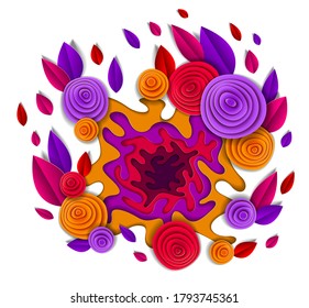 Autumn flowers and leaves beautiful design, vector illustration in paper cut style. Wedding invitation or fall seasonal romantic greeting card.