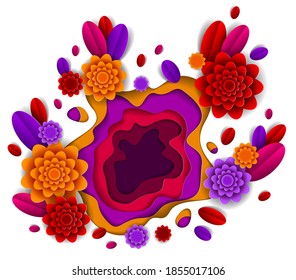 Autumn flowers and leaves beautiful design, vector illustration in paper cut style. Wedding invitation or fall seasonal romantic greeting card.