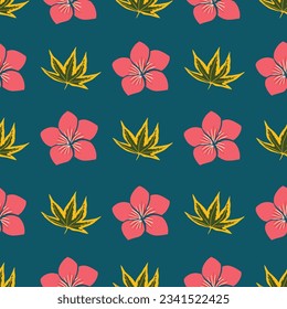 Autumn flowers and leaves seamless pattern on dark green