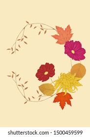 Autumn flowers and maple leaves vector round frame