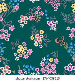 Autumn flowers on dark green background. Seamless vector pattern. Vintage print with small inflorescences. Retro textile collection. 