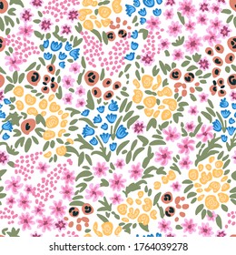 Autumn flowers on white background. Seamless vector pattern. Vintage print with small inflorescences. Retro textile collection. 