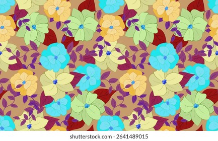 autumn flowers seamless pattern yellow blue violet blooms beige background fall textiles cozy floral endless tileable backdrop charming botanical design