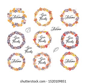Autumn flowers set, Autumn frame and wreath made of hand drawn autumn leaves and flowers design for greeting card wedding cover and Invitation.