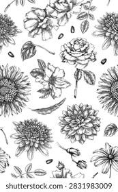 Autumn flowers vertical seamless pattern. Fall garden plants hand drawn botanical illustrations in sketch style. Cottagecore floral background. NOT AI generated