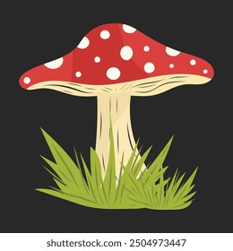 Autumn Fly Agaric Mushroom illustration on black isolated background. Bright mushroom with red cap and white dots in botanical flat style. For postcards, wild harvest decorations, icon.