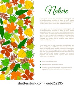 Autumn flyer or brochure design with colorful forest leaves. Vector illustration. Template for natural design and seasonal greetings.