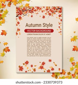 Autumn flyer with colorful leaves, banner, booklet, poster, placard, mockup, brochure cover vector template. A4 format